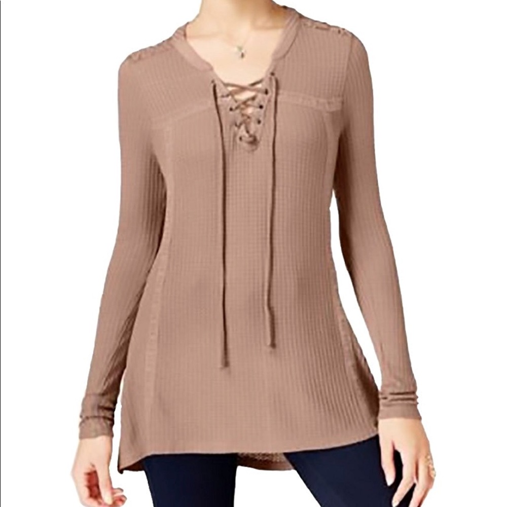 American Rag Crochet Lace Up Waffle Knit Top L
